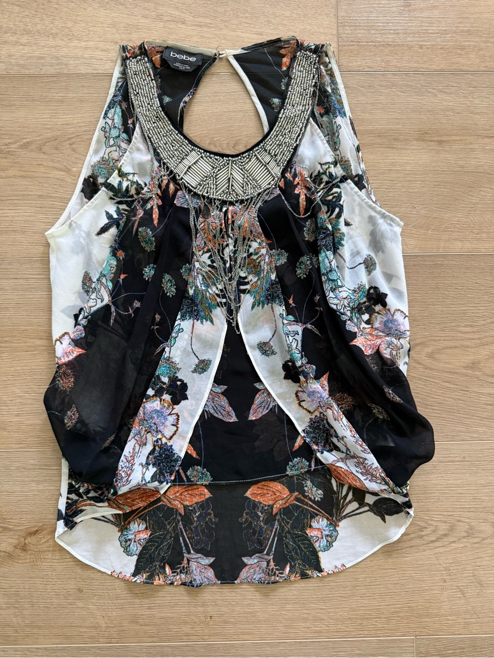 Bebe Floral Chiffon Beaded Chain Fringe Statement Blouse Top XS
